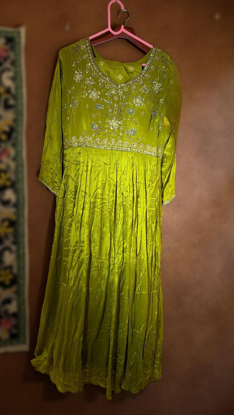 Olive Gold Embroidered Anarkali Gown with Dupatta