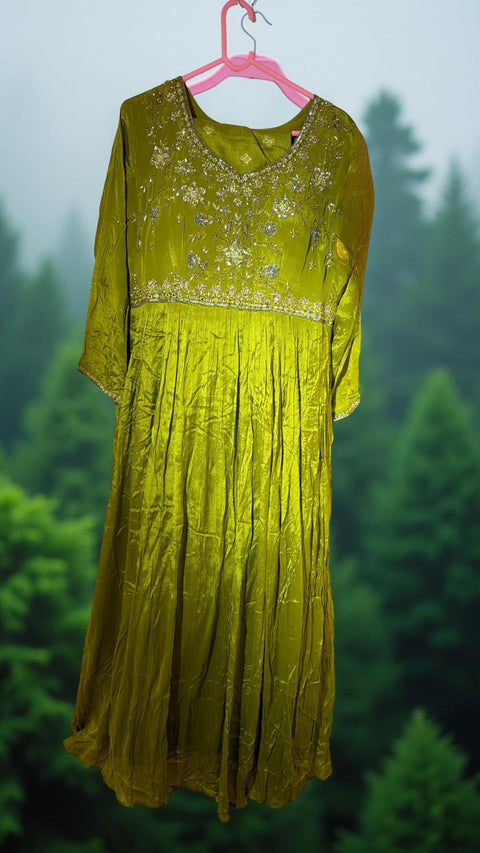 Olive Gold Embroidered Anarkali Gown with Dupatta