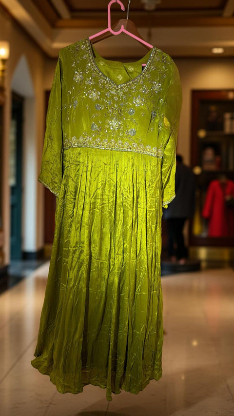 Olive Gold Embroidered Anarkali Gown with Dupatta