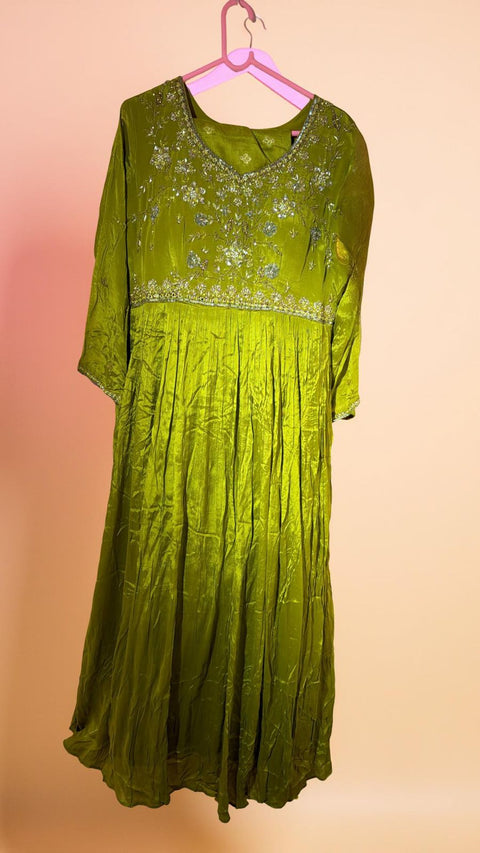 Olive Gold Embroidered Anarkali Gown with Dupatta