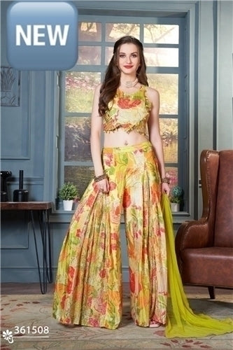 Toral Designer Printed Crop Top with Palazzo | Lemon Yellow Multicolour Floral Pom-Pom | Party Resort