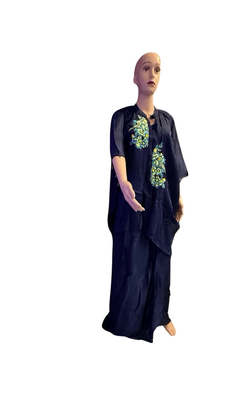 Puja Navy Blue Embroidered Kaftan Coord Set | Yellow Blue Floral Kimono Sleeve | Resort Casual