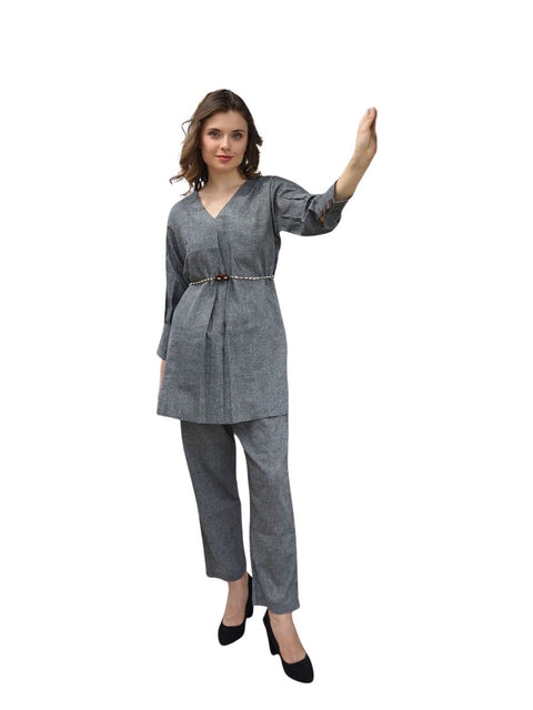 Swarit Textured Cotton Belted Coord Set | Charcoal Grey V-Neck Rope Belt | Semi-Casual Western