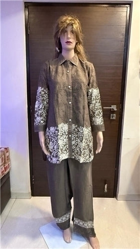 Puja Brown Chikankari Embroidered Kurti with Pants Set | White Floral Lace Hem | Festive