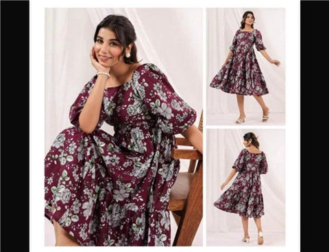 Jenesiya Wine Floral Tiered Midi Dress — Georgette with Puff Sleeves & Square Neck