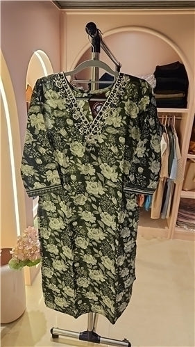 Dark Green Floral Printed Kurta with Embellished V-Neckline | Mirror Thread Embroidery Pant Dupatta Set | Casual Semi-Formal