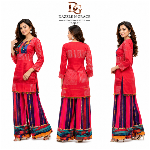 Women’s Red Printed Kurti with Multicolor Palazzo Set | Ethnic Fusion Co-Ord Set