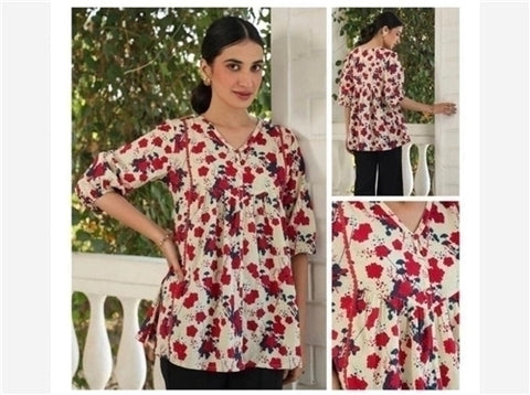 Jenesiya Off-White Abstract Floral V-Neck Top — Rayon Blend in Bold Red & Navy Print