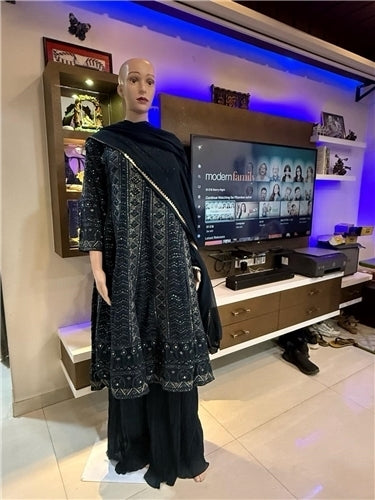 Toral Heavy Embroidered Georgette Kurta with Pleated Palazzo & Chiffon Dupatta | Midnight Blue, Rani Pink & Teal Green | Wedding Festive Wear