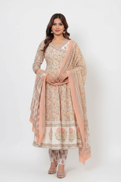 Peach Floral Printed Anarkali Suit Set