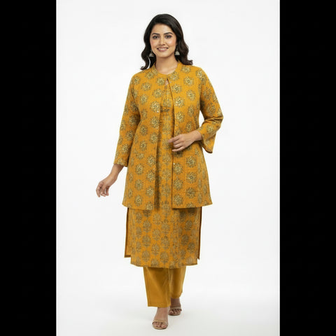 Yellow Cotton Printed Kurta with Quilted Jacket Set | Mustard Geometric Block Print Floral Quilted Sleeveless Jacket Patch Pockets | Festive Casual