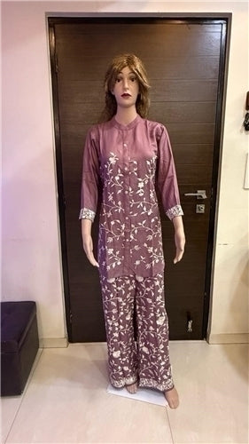 Puja Mauve Pink Ethnic Floral Embroidered Coord Set | White Thread Scallop Palazzo | Festive