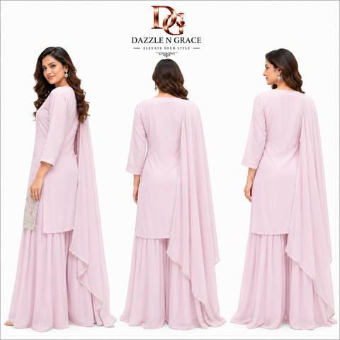 Blush Pink Embroidered Palazzo Suit Set with Chiffon Dupatta for Women | Festive & Party Wear Ethnic Suit