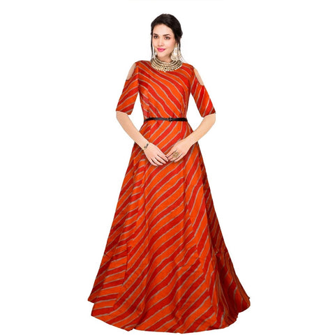 Generic Women's Banglory Satin Silk Western Wear Flare Long Gown (Orange)