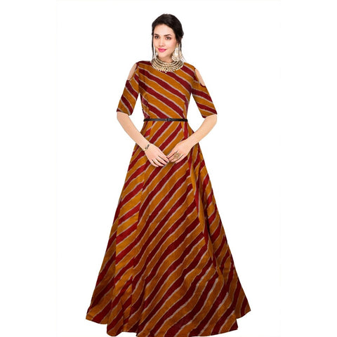 Generic Women's Banglory Satin Silk Western Wear Flare Long Gown (Maroon)
