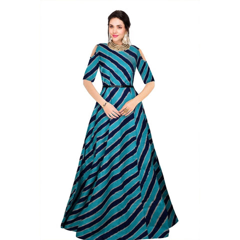 Generic Women's Banglory Satin Silk Western Wear Flare Long Gown (Blue)
