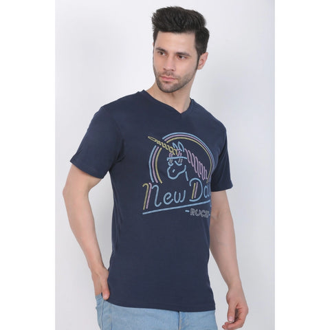 Generic Men's Cotton Jersey V Neck Printed Tshirt (Navy)