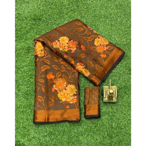 Generic Women's Viscose Rayon Printed Saree With Unstitched Blouse (Brown)