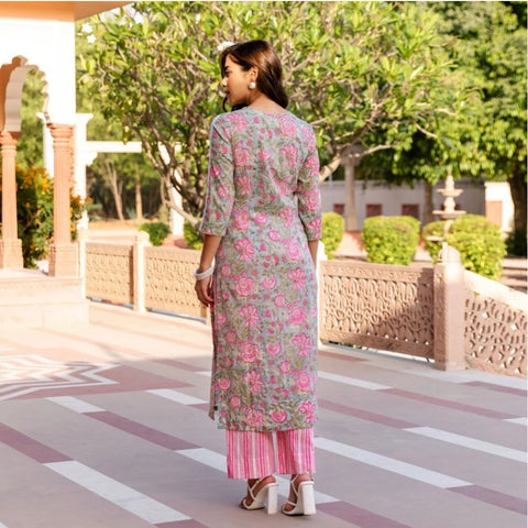Generic Women's Casual 3/4th Sleeve Printed Cotton Kurti Set (Pink)