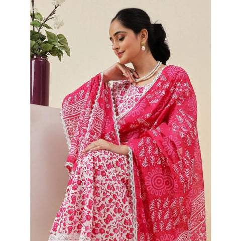 Generic Women's Casual 3/4th Sleeve Printed Cotton Kurti Set (Pink)