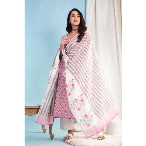 Generic Women's Casual 3/4th Sleeve Printed Cotton Kurti Set (Pink)