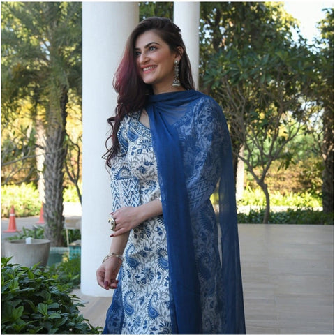 Generic Women's Casual 3/4th Sleeve Printed Cotton Kurti Set (Blue)