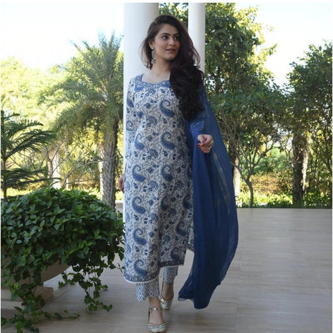 Generic Women's Casual 3/4th Sleeve Printed Cotton Kurti Set (Blue)
