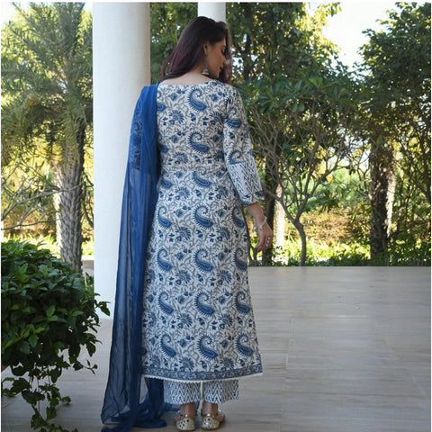 Generic Women's Casual 3/4th Sleeve Printed Cotton Kurti Set (Blue)