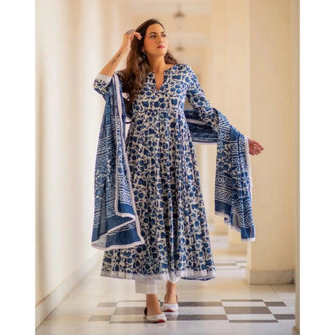 Generic Women's Casual 3/4th Sleeve Printed Cotton Kurti Set (Blue)