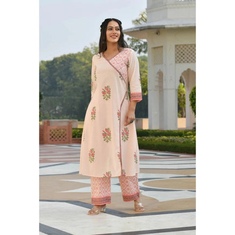Generic Women's Casual 3/4th Sleeve Floral Print Cotton Kurti Set (Pink)