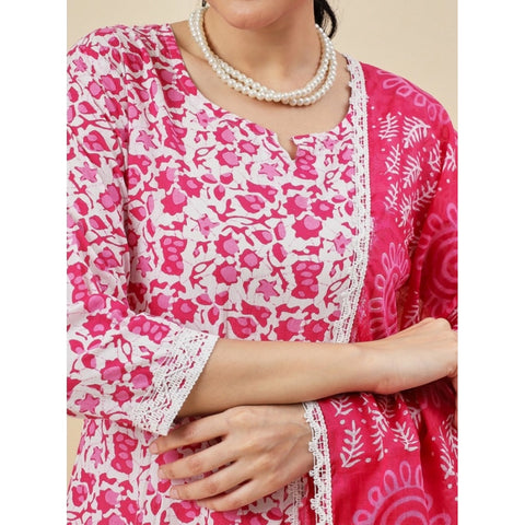 Generic Women's Casual 3/4th Sleeve Printed Cotton Kurti Set (Pink)