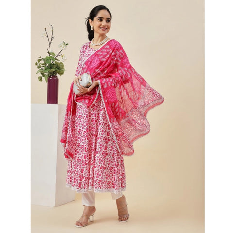 Generic Women's Casual 3/4th Sleeve Printed Cotton Kurti Set (Pink)