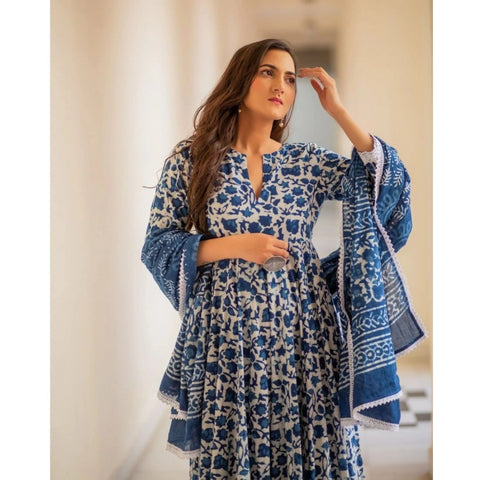 Generic Women's Casual 3/4th Sleeve Printed Cotton Kurti Set (Blue)