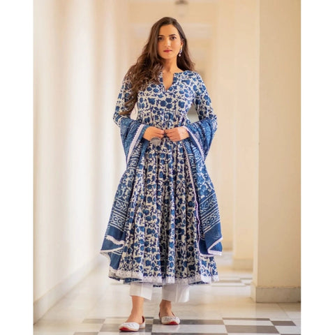 Generic Women's Casual 3/4th Sleeve Printed Cotton Kurti Set (Blue)
