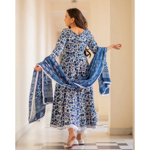 Generic Women's Casual 3/4th Sleeve Printed Cotton Kurti Set (Blue)