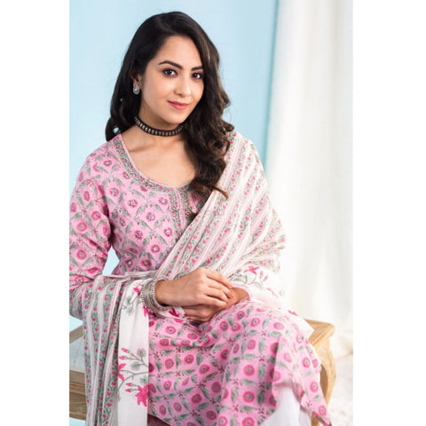 Generic Women's Casual 3/4th Sleeve Printed Cotton Kurti Set (Pink)