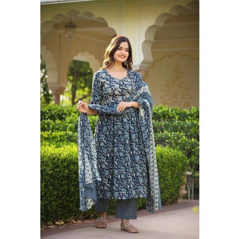 Generic Women's Casual 3/4th Sleeve Printed Cotton Kurti Set (Navy Blue)