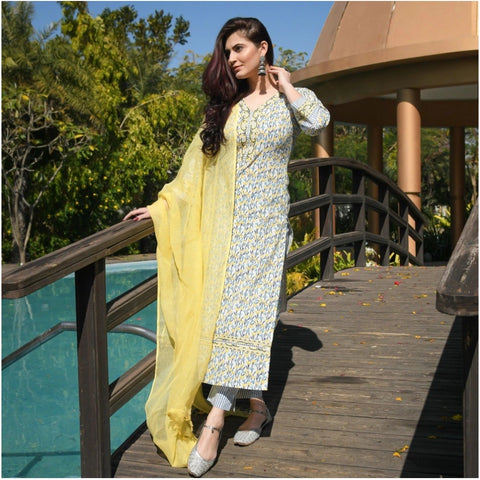 Generic Women's Casual 3/4th Sleeve Printed Cotton Kurti Set (Yellow)