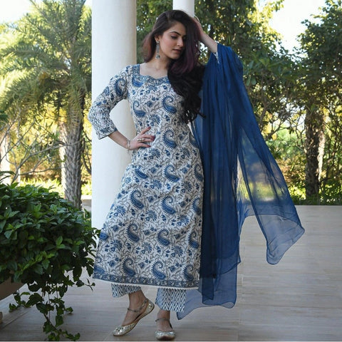 Generic Women's Casual 3/4th Sleeve Printed Cotton Kurti Set (Blue)
