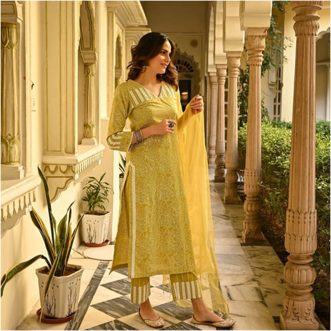 Generic Women's Casual 3/4th Sleeve Printed Cotton Kurti Set (Mustard)