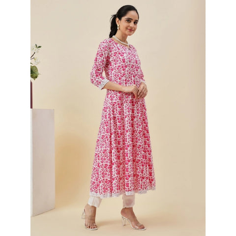 Generic Women's Casual 3/4th Sleeve Printed Cotton Kurti Set (Pink)