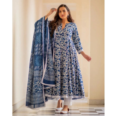 Generic Women's Casual 3/4th Sleeve Printed Cotton Kurti Set (Blue)
