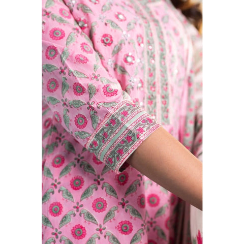 Generic Women's Casual 3/4th Sleeve Printed Cotton Kurti Set (Pink)