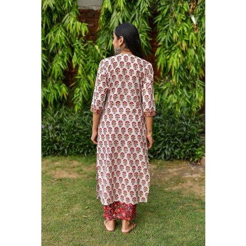 Generic Women's Casual 3/4th Sleeve Printed Cotton Kurti Set (Red)