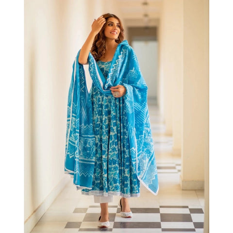Generic Women's Casual Sleeveless Printed Cotton Kurti Set (Sky Blue)
