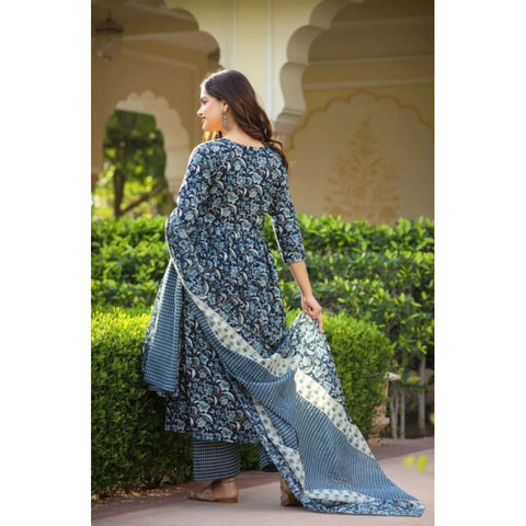 Generic Women's Casual 3/4th Sleeve Printed Cotton Kurti Set (Navy Blue)