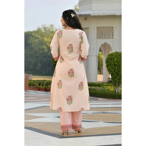 Generic Women's Casual 3/4th Sleeve Floral Print Cotton Kurti Set (Pink)