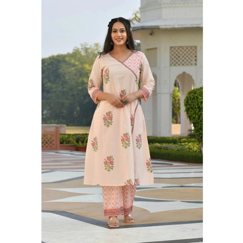 Generic Women's Casual 3/4th Sleeve Floral Print Cotton Kurti Set (Pink)
