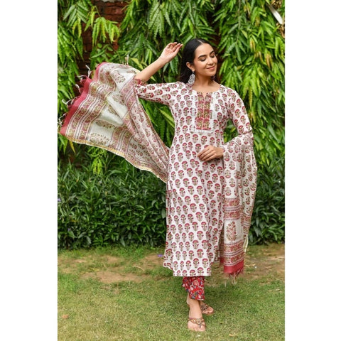 Generic Women's Casual 3/4th Sleeve Printed Cotton Kurti Set (Red)