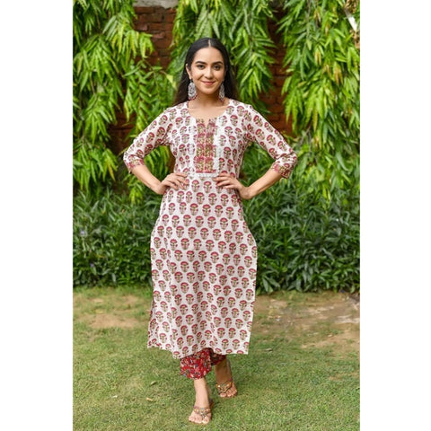 Generic Women's Casual 3/4th Sleeve Printed Cotton Kurti Set (Red)